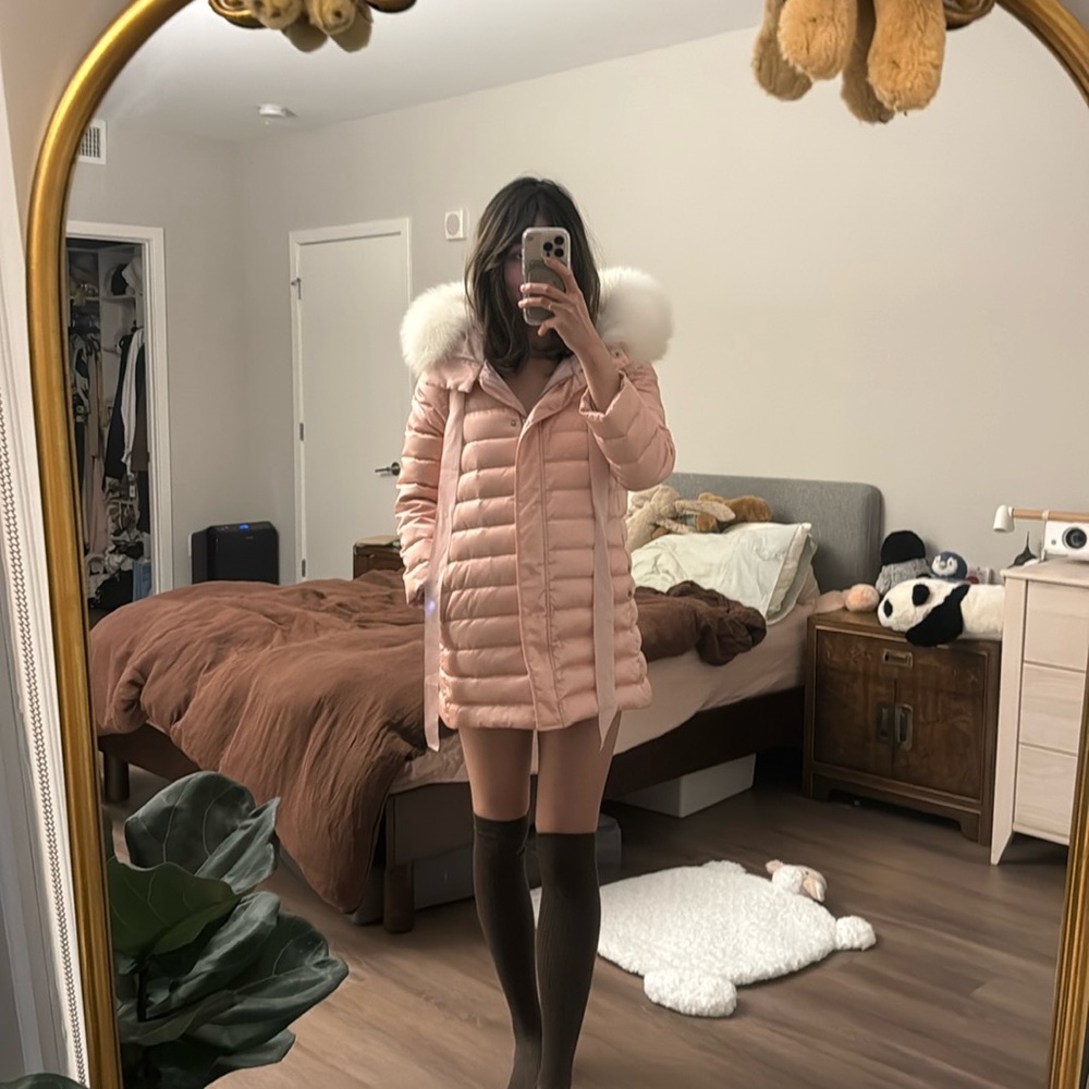 Miu miu A line oversized fur trim pink down puffer jacket